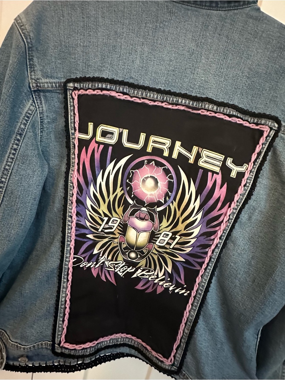Upcycled Old Navy Light Blue Denim Jacket with Black Crochet Edge and Journey